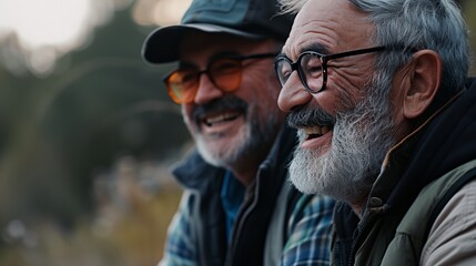 two men with beards are smiling - obrazy, fototapety, plakaty