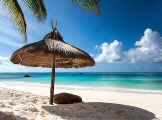 Paradise beach with coconut leaf parasol