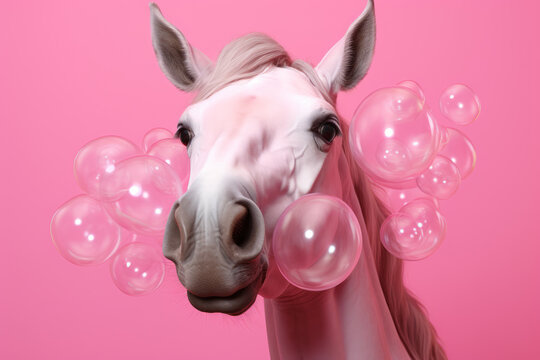 Caballo blanco en fondo rosa rodeado de pompas de jab&oacute;n.