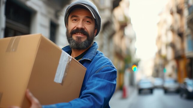A courier holds a cardboard box in his hands