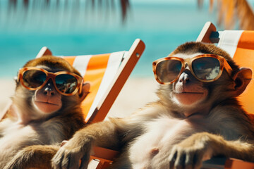 Vacaciones en la playa, dos monos disfrutando del sol tumbados en hamacas en la orilla del mar.