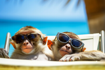 Monos con gafas de sol de vacaciones en la playa.