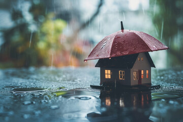 House model standing under umbrella in mud during heavy rain. House insurance and real estate protection concept - obrazy, fototapety, plakaty