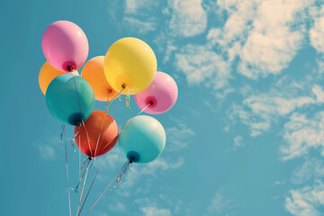 Bunch of colorful helium balloons are floating high up in blue sky. Party and birthday celebration concept