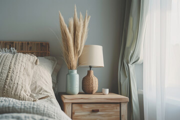 Bedroom interior, nightstand with lamp and home plant near bed. Close up shot of bed headboard with pillows and bedside table. Apartment in scandinavian style