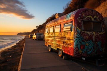 Trailer's colorful caravan follows the road at sunset., generative IA - obrazy, fototapety, plakaty