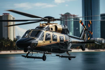 Foto op Plexiglas Urban Heliport: Modern helicopter lands between skyscrapers., generative IA © Dalmir