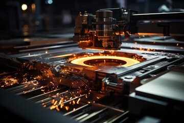 Sparks fly amidst industrial cutting and folding machines., generative IA - obrazy, fototapety, plakaty
