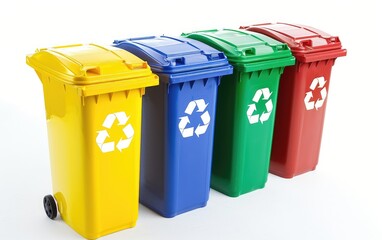 Plastic, glass, metal and paper recycle bins. Trash cans for garbage separation. Recycling concept