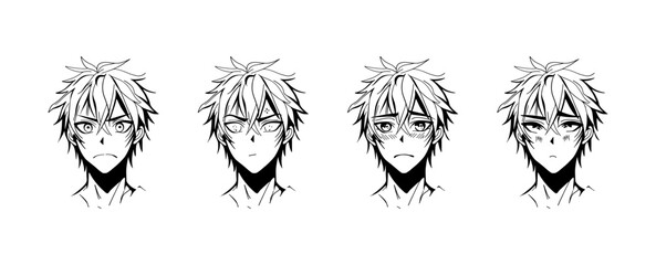 Male anime characters. Cartoon men portraits with different emotion expressions, kawaii japanese faces with big eyes manga style. Vector comic set
