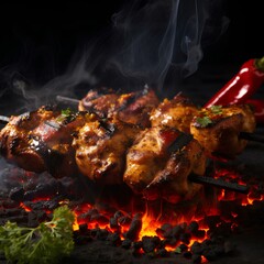 Delicious kebabs on photo, bbq. AI generation