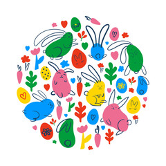 Easter card with the image of rabbits, hares, Easter eggs and grass decor. simple drawing, light easter elements in linear and flat style, hand draw