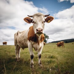 Cow standing in a green field looking at the camera