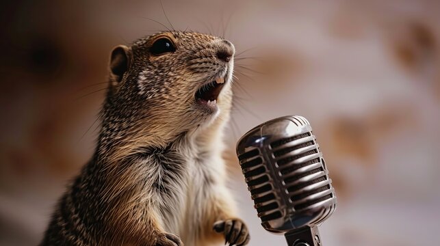 Funny gopher sings karaoke into a vintage microphone