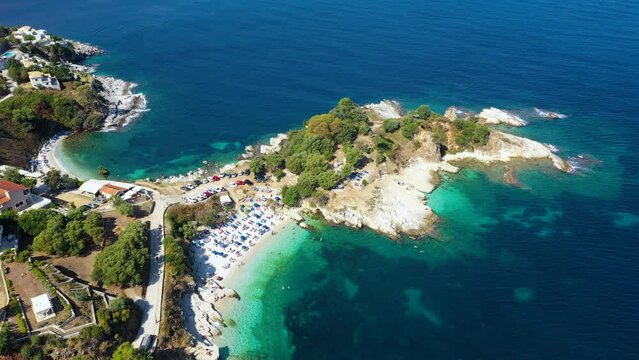 Aerial drone view north east coast with Kanoni, Mpataria and Pipitos beach, Island of Corfu, Greece. Mpataria, Kanoni and Pipitos beach at Corfu Greece during the day.