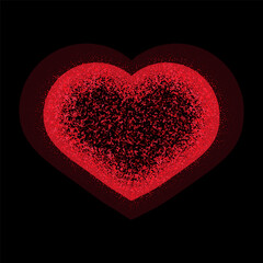 Red dust on a black background in the shape of a heart, Valentine s Day card design