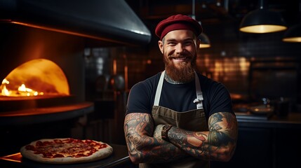 Portrait of a smiling male chef with tattoos on his arms holding a pizza in his kitchen