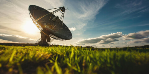 Satellite dish on a field under blue sky