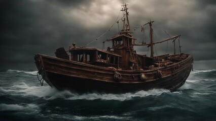 A scary fishing boat in a sea of blood, with storms,  , and  . The boat is made of wood  