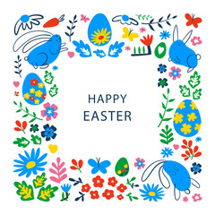 Fototapeta na wymiar Decorative frame for Easter eggs. Greeting card with Easter eggs, flowers and leaves. Easter egg vector flat hand draw illustration
