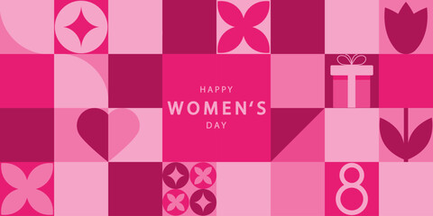 Happy Women's Day vector background. Horizontal poster,flyer, invitation, brochure, discount with a flower and female faces . 8 march pink card. International Women's Day.