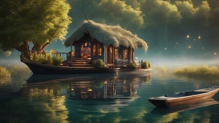 Fantasy_ A house boat with a thatched roof and a cozy fireplace, floating on a lake of enchanted...