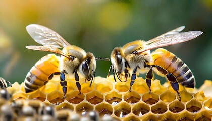 bees on honeycomb - obrazy, fototapety, plakaty