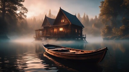 highly intricately detailed photograph of   Wooden row boat drifting in calm water    