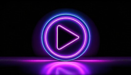 purple color play button on black background start button neon glowing play button neon glowing play button with neon circle - obrazy, fototapety, plakaty