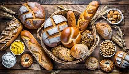 many mixed breads and rolls shot from above - obrazy, fototapety, plakaty