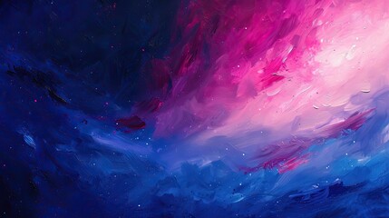 A deep, rich oil painting of a night sky, with a galaxy swirling in shades of pink, purple, and blue. 