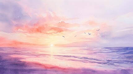 A gentle watercolor painting of a sunset at the beach, with the sky melting into shades of pink and purple.  - obrazy, fototapety, plakaty