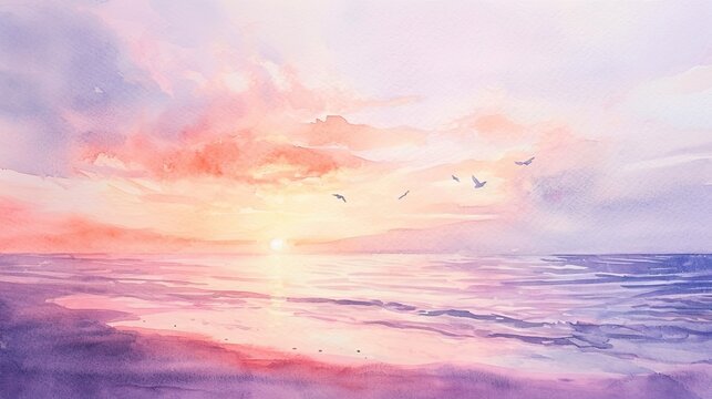 A gentle watercolor painting of a sunset at the beach, with the sky melting into shades of pink and purple. 