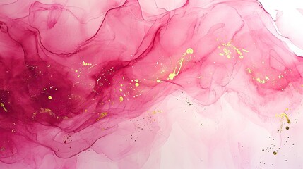 A minimalist watercolor background with soft, flowing washes of pink and red, with occasional flecks of gold leaf.  - obrazy, fototapety, plakaty