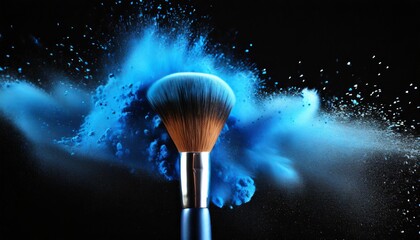 make up brush with blue powder explosion on black background - obrazy, fototapety, plakaty