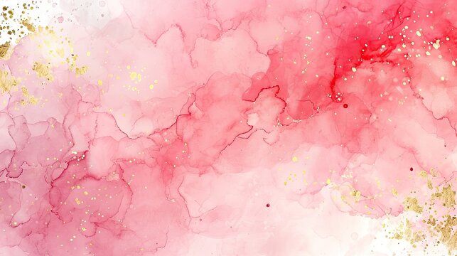 A minimalist watercolor background with soft, flowing washes of pink and red, with occasional flecks of gold leaf. 