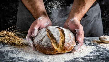 the male hands in flour and rustic organic loaf of bread