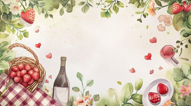 A flat lay watercolor illustration of a picnic, with a checkered blanket, a basket of strawberries, and a bottle of wine and loosely painted flowers and hearts.