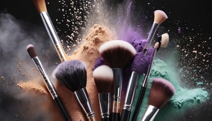 cosmetic brushes and explosion colorful powders - obrazy, fototapety, plakaty