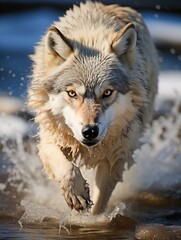 Fototapeta premium A wolf is running in the water