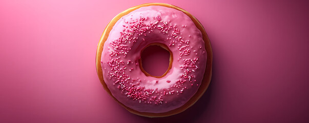 Top view of a pink donut on a colored background, arranged in a flat lay style, with Copy Space