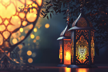 Muslim Holy Month Ramadan Kareem with Ornamental Arabic Lantern Glowing At Evening