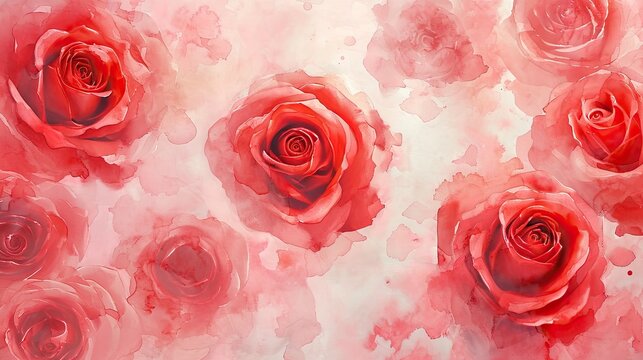 An aerial perspective of a watercolor canvas, with loosely painted red and pink roses against a light pink background. 
