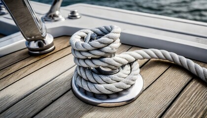 detail image of yacht rope cleat on sailboat deck - obrazy, fototapety, plakaty