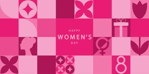 Happy Women's Day vector background. Horizontal poster,flyer, invitation, brochure, discount with a flower and female faces . 8 march pink card. International Women's Day.