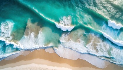 aerial top view of beautiful tropical white sand beach with wave foam and sea summer vacation and travel background with copy space top view from drone - obrazy, fototapety, plakaty