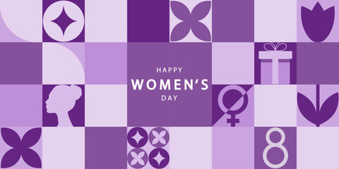 Happy Women's Day vector background. Horizontal poster,flyer, invitation, brochure, discount with a flower and female faces . 8 march purple card. International Women's Day.