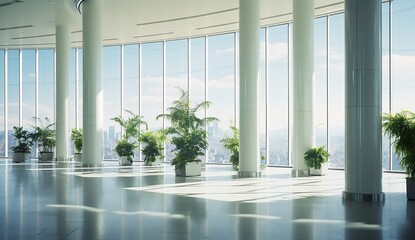 Large modern office space with potted plants and large windows