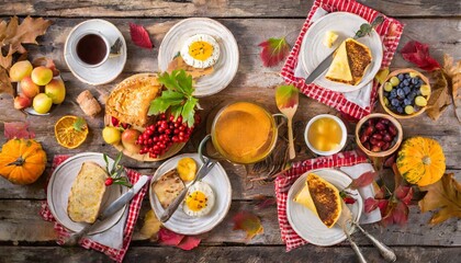 thanksgiving brunch autumn family breakfast or brunch set served on rustic wooden table overhead view copy space - obrazy, fototapety, plakaty