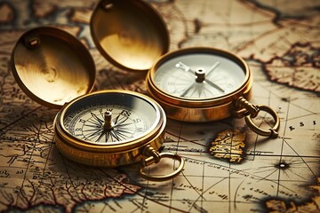 Vintage Treasure Map with Old Compass, Creating a Nostalgic Adventure Story in Retro Style. created with Generative AI